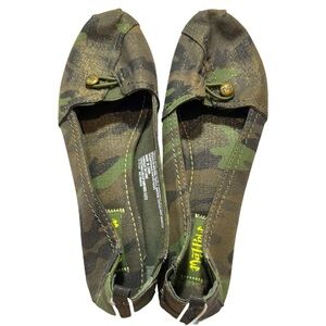 Mad Love Women Canvas Flats Camouflage Slip On Gold Button Green Brown Size 9
